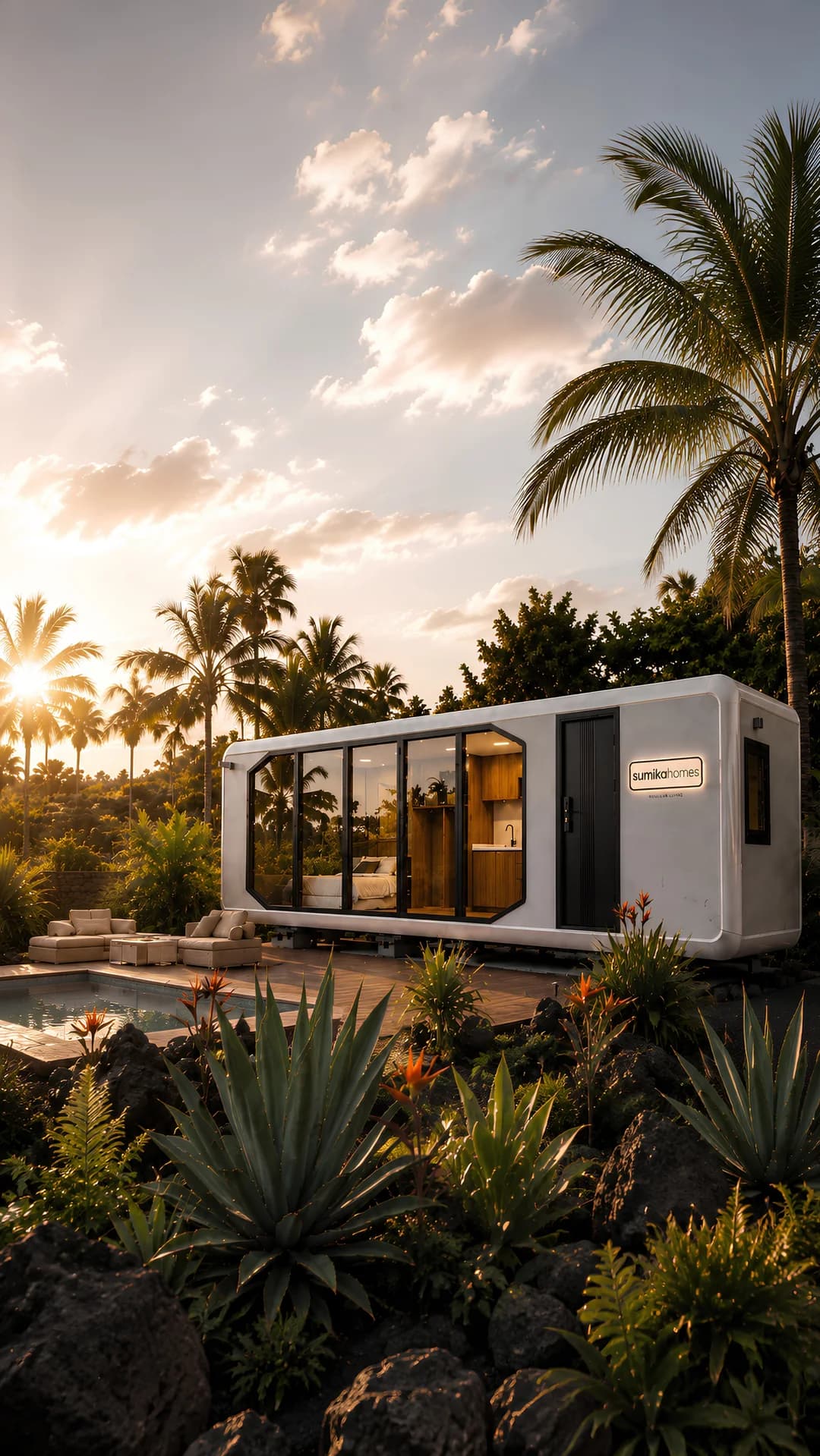 Cápsula modular Sumika Homes junto a una piscina en Canarias, con palmeras y jardín de agaves a plena luz del día